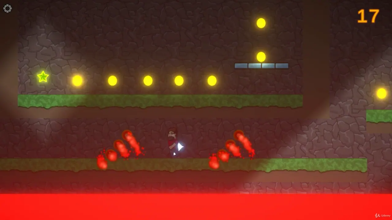 A 2D platformer video game scene showing a character with a beard standing on a grassy ledge above red lava, surrounded by yellow collectible orbs and a green star.