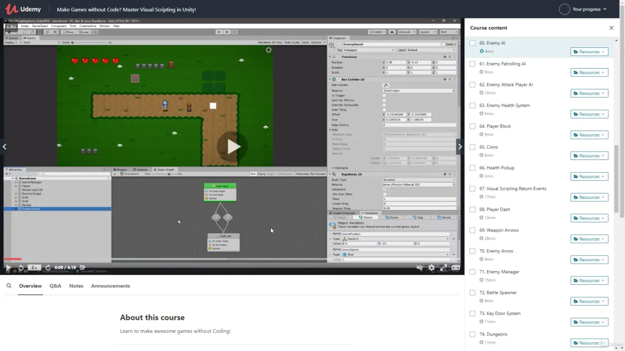 A screenshot of a web-based learning platform showing a video lecture paused on a Unity game development interface. The screen displays a 2D top-down game scene with pixel art, an
