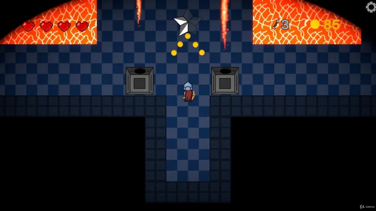 A top-down view of a pixel-art Action RPG showing a knight character on a blue checkered floor between two pits, with lava hazards above and UI elements for health hearts and gold.