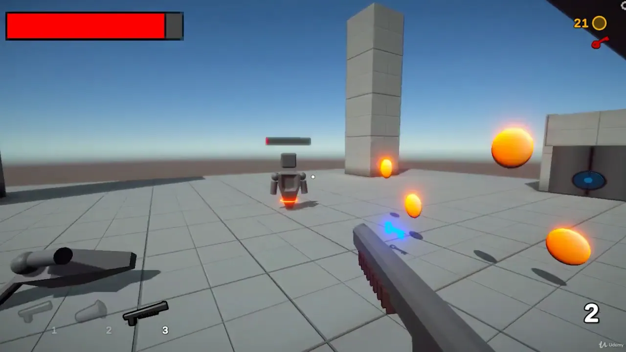 First-person view of a 3D video game showing a weapon held by the player, a robot enemy ahead, and glowing orange collectible orbs on a tiled floor.