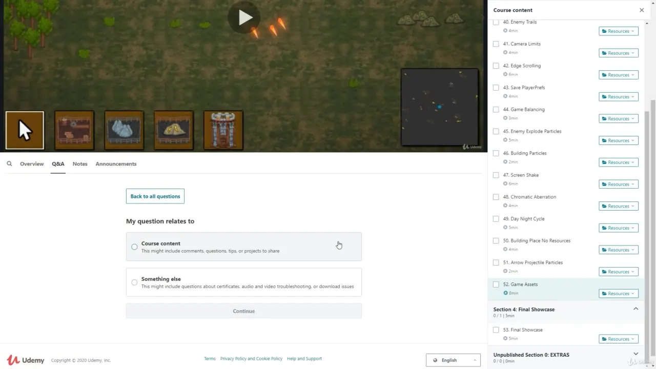 Course platform interface showing a top-down game scene with a minimap and a sidebar listing lesson titles and durations.