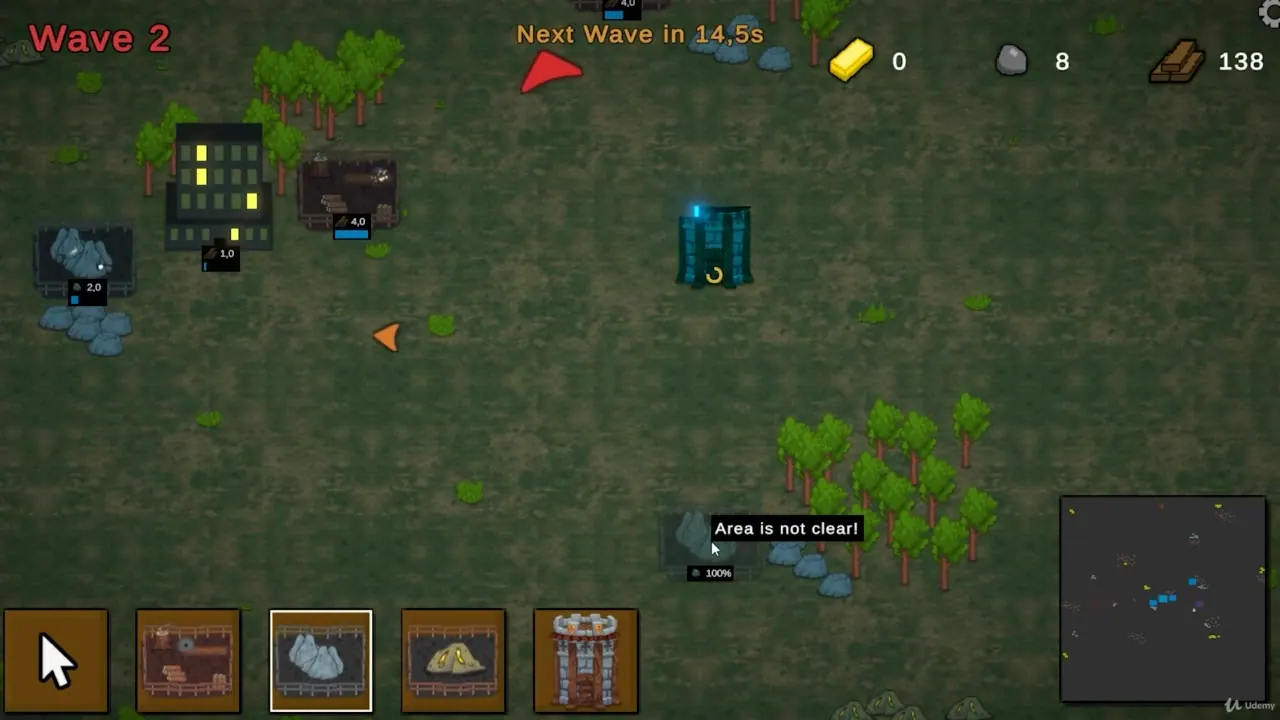 Top-down 2D game map showing a building placement interface with resource counters, a wave timer, and a bottom toolbar of structure icons.