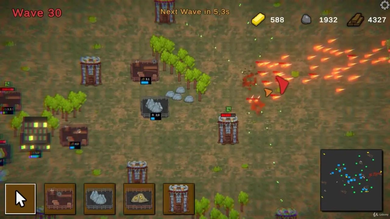 Top-down view of a 2D tower defense game showing Wave 30, resource counters, and a swarm of enemies attacking a tower.