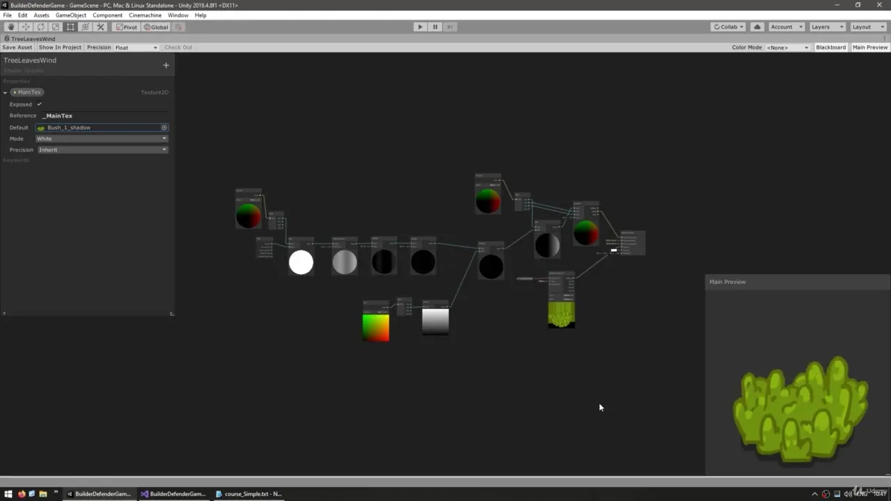 Unity Shader Graph editor showing a node-based workflow for a tree leaves wind effect with a green foliage preview.