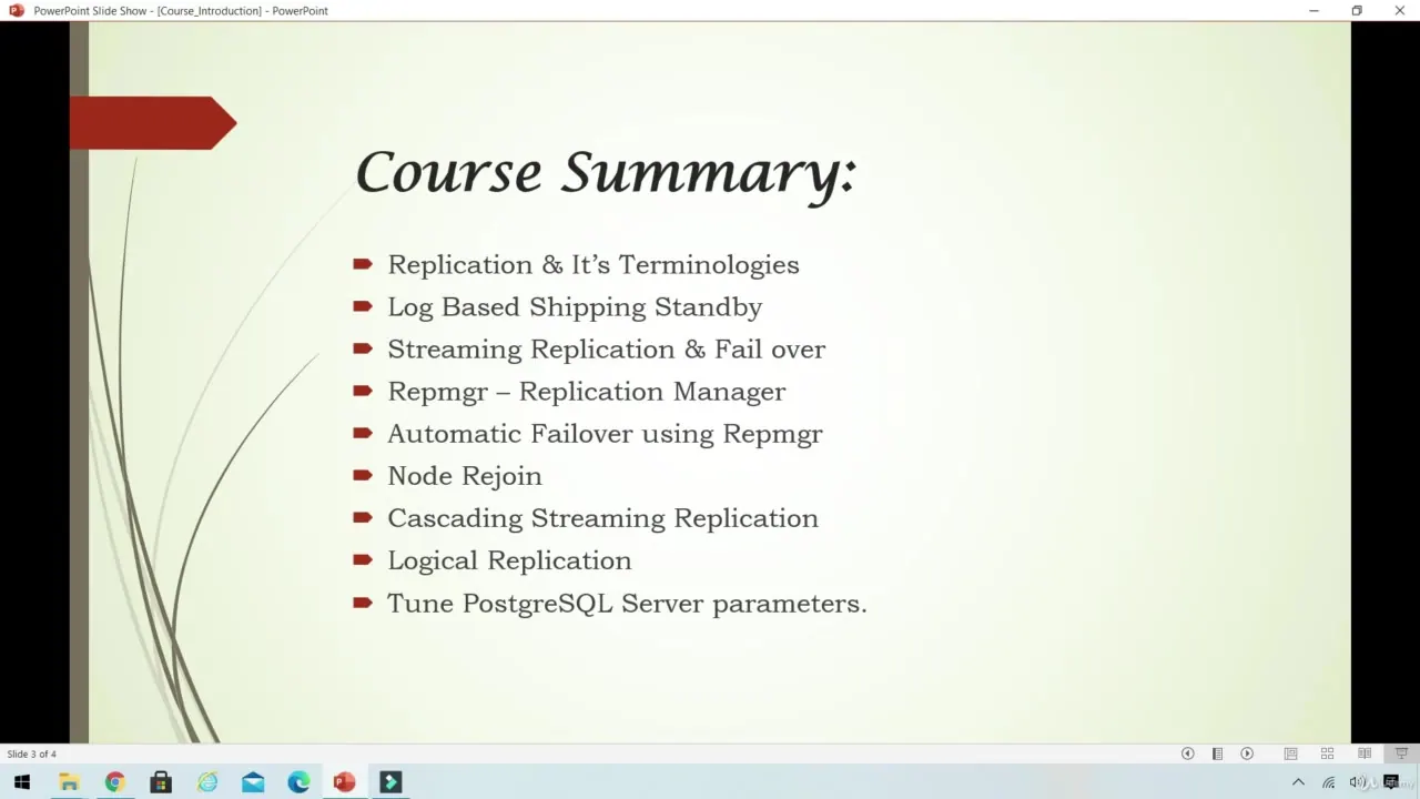 PowerPoint slide titled Course Summary listing nine PostgreSQL replication, Repmgr, and server tuning topics.