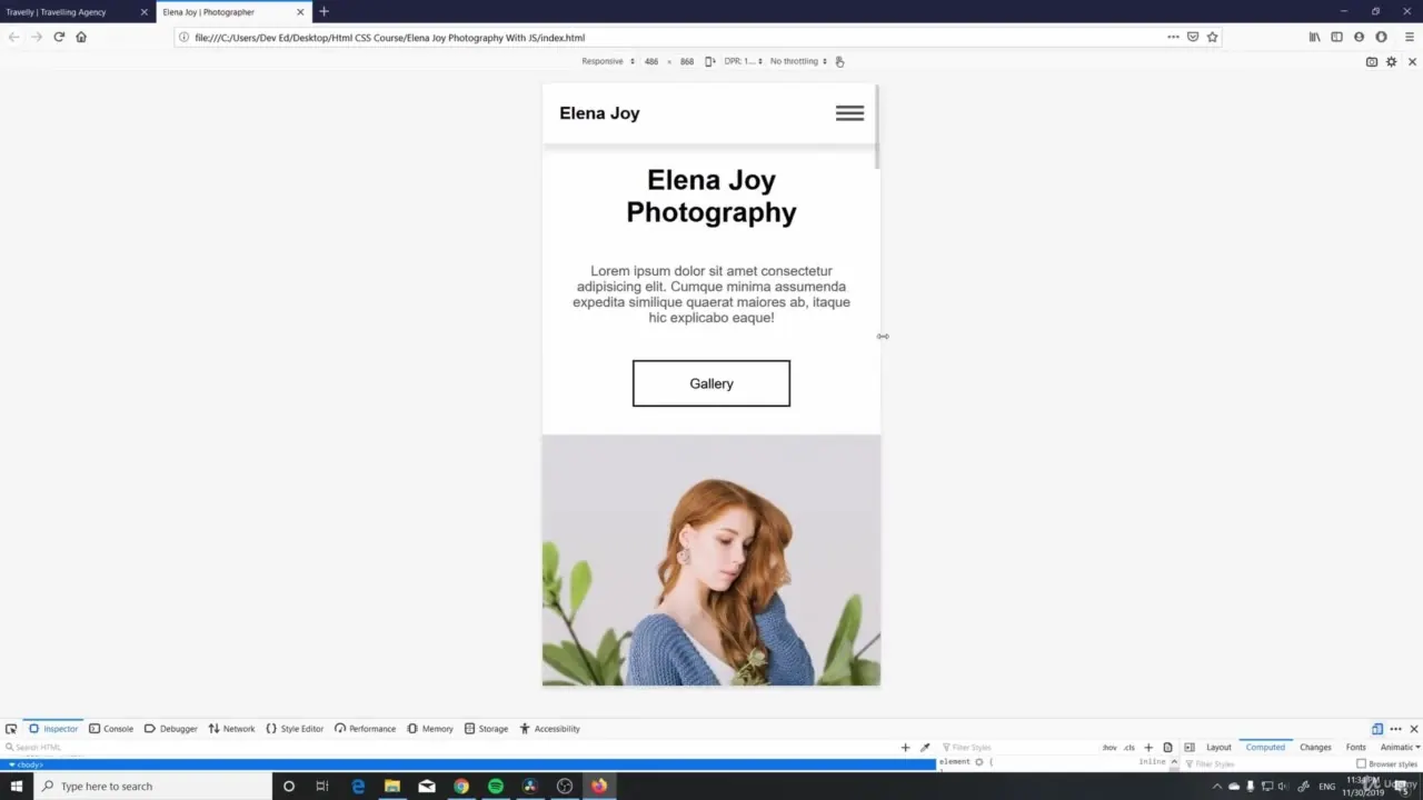 A browser window shows a mobile website layout with the header Elena Joy Photography, a Gallery button, and a portrait photo.