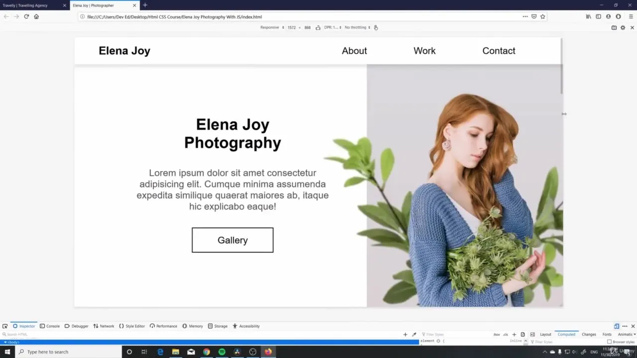 A web browser window displays a photography website layout with a header, hero text, and a portrait of a woman holding flowers.