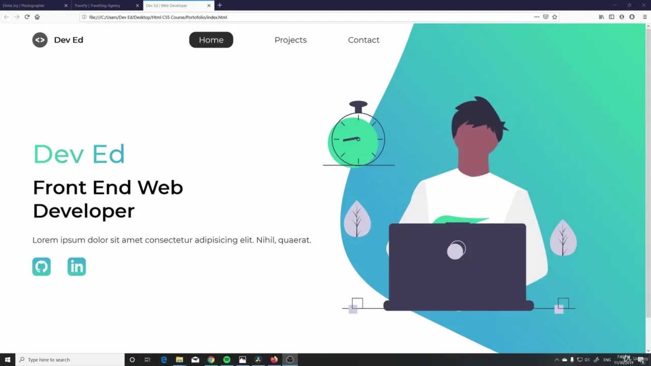 A web browser window displays a portfolio homepage with a Dev Ed logo, navigation links, and a flat vector illustration of a person using a laptop.