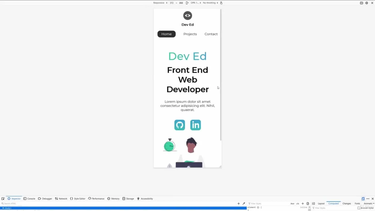 Mobile website mockup for a front end web developer profile, shown in a browser with developer tools open at the bottom.