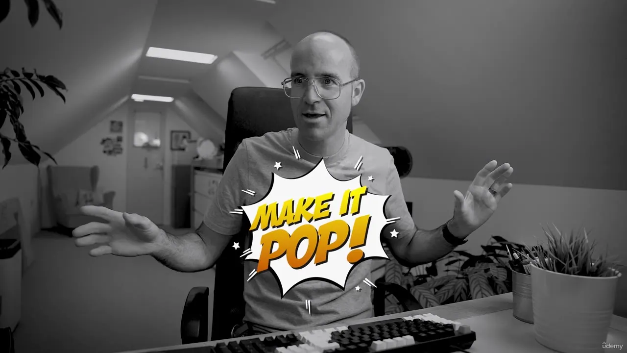 A man in a home office gestures with open hands while a colorful comic-style speech bubble reading 'MAKE IT POP!' overlays his chest.