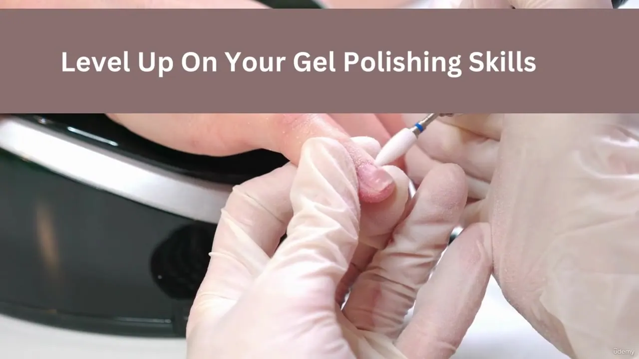Gloved hands using a nail drill on a client's finger with a UV lamp in the background and a text overlay.