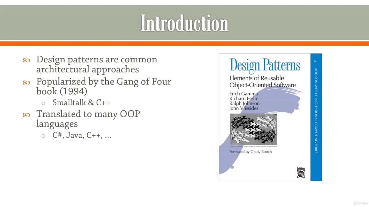 Slide titled Introduction listing design pattern origins and showing the Gang of Four book cover with authors and title.