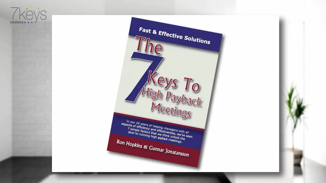 A digital book cover titled The 7 Keys To High Payback Meetings by Ron Hopkins and Gunnar Jonatansson, featuring a large blue number 7.