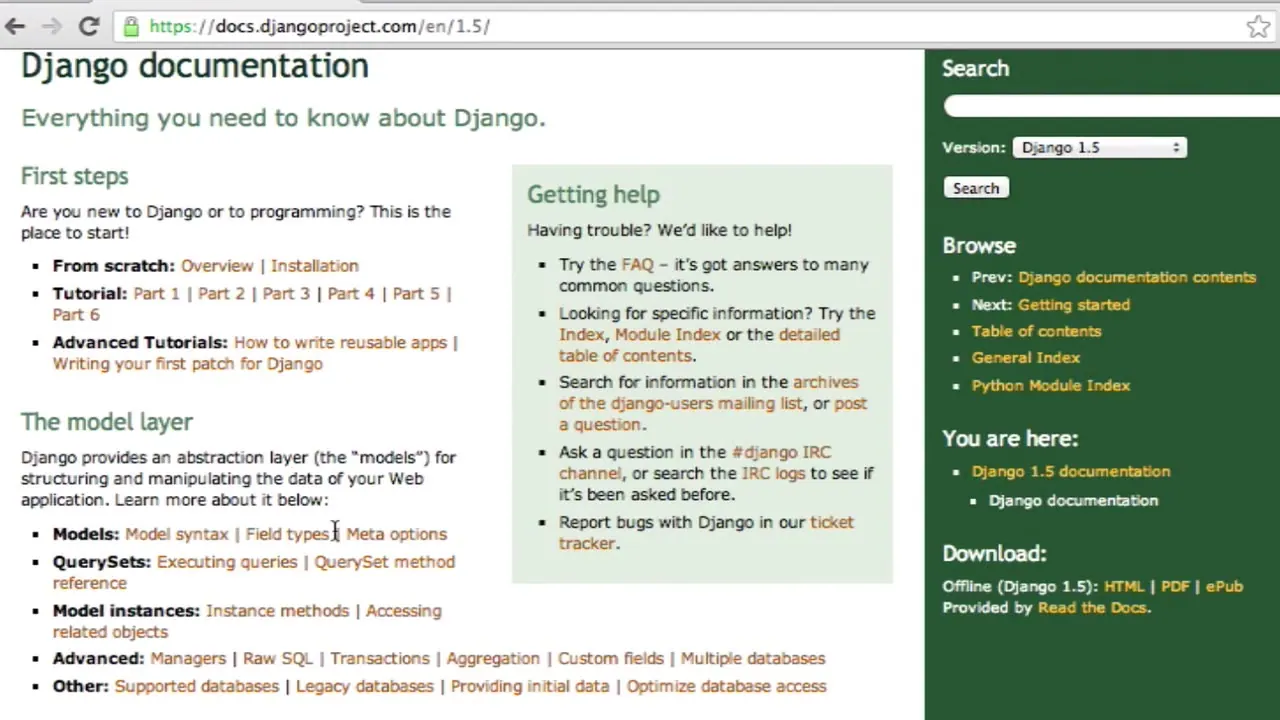 Django documentation homepage in a browser showing sections for First steps, The model layer, and Getting help.