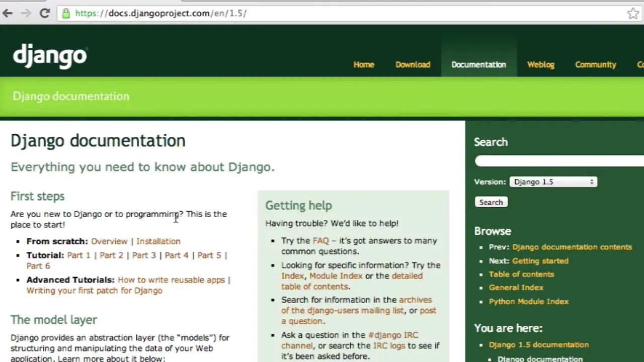 Screenshot of the Django documentation website showing the main landing page with navigation, search bar, and introductory text sections.