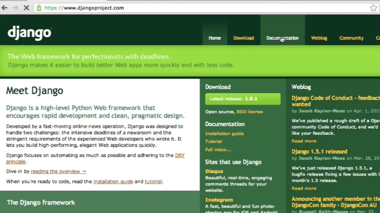 Screenshot of the Django project homepage showing the green header, navigation menu, and introductory text about the Python web framework.