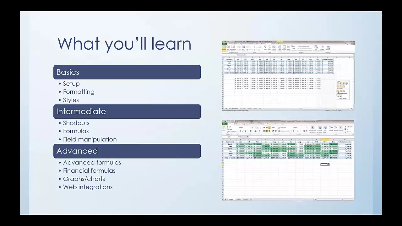 Slide titled What you'll learn listing Basics, Intermediate, and Advanced topics beside two spreadsheet interface screenshots.