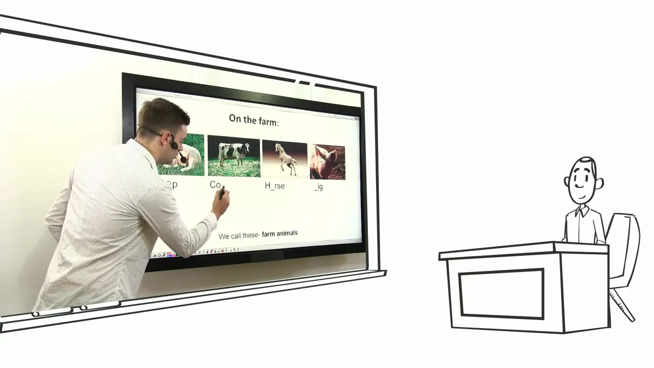 A man writes on an interactive whiteboard showing farm animal photos and fill-in-the-blank words next to a line drawing of a teacher.