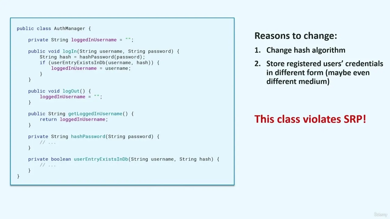 Slide showing C# AuthManager code and text listing reasons to change, concluding that the class violates SRP.
