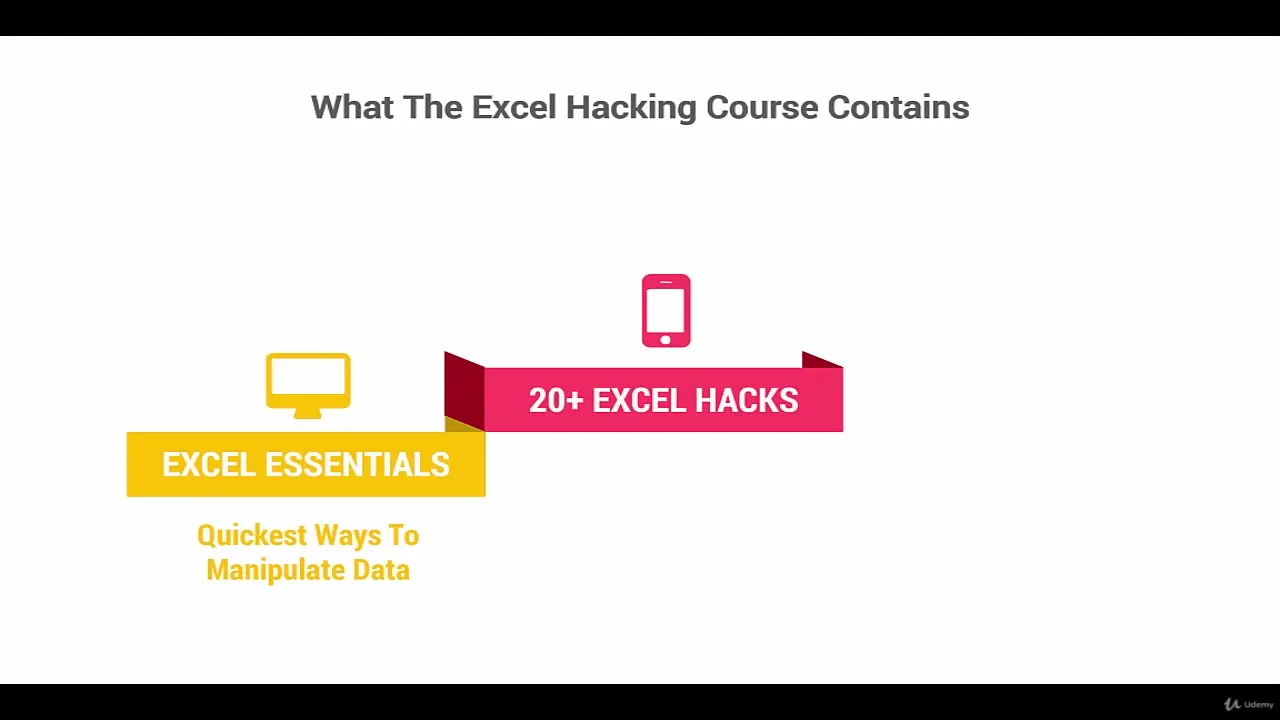 White slide titled What The Excel Hacking Course Contains, showing yellow and pink banners for Excel Essentials and 20+ Excel Hacks.