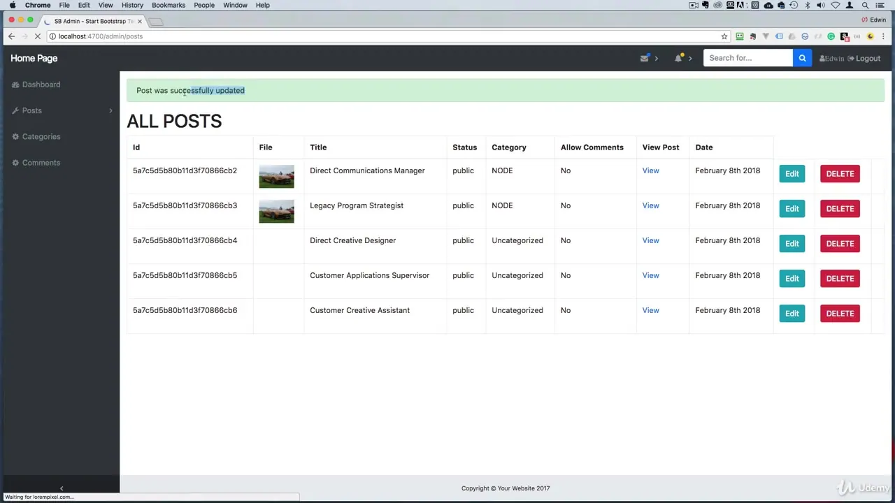 A CMS admin dashboard showing an ALL POSTS table with job titles, statuses, and Edit or DELETE buttons.