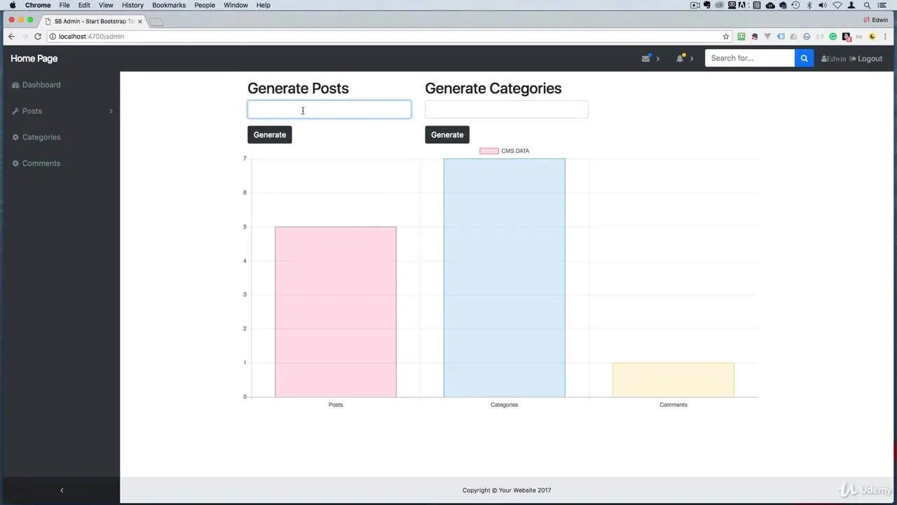 A CMS admin dashboard showing input fields to generate posts and categories, with a bar chart displaying the resulting data counts.