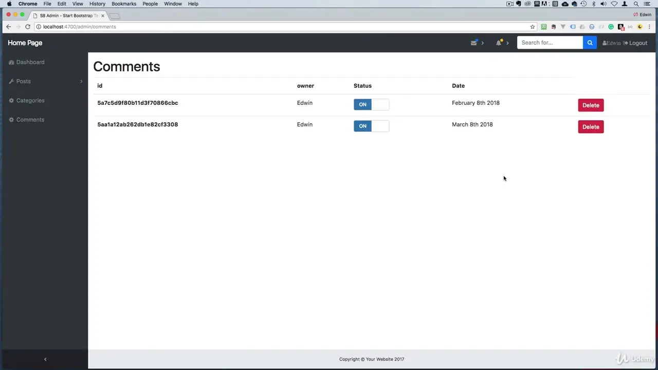 A web admin dashboard showing a comments table with IDs, owner names, status toggles, dates, and delete buttons.