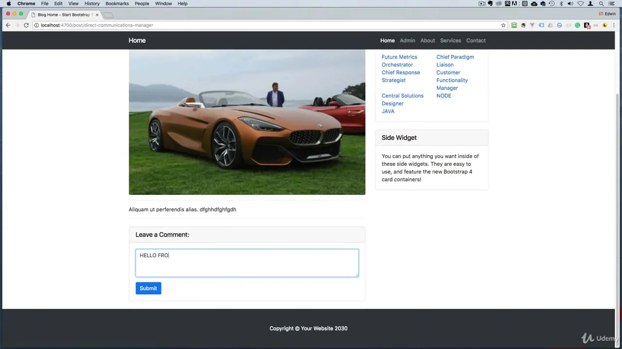 Browser window showing a webpage with an orange convertible car photo, sidebar links, and a comment form containing text.
