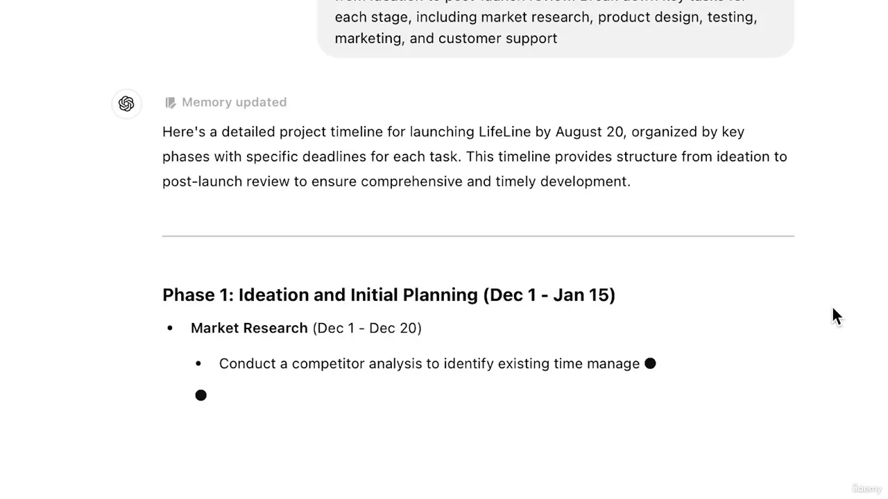 Chat interface showing a project timeline for LifeLine with Phase 1 details and market research tasks