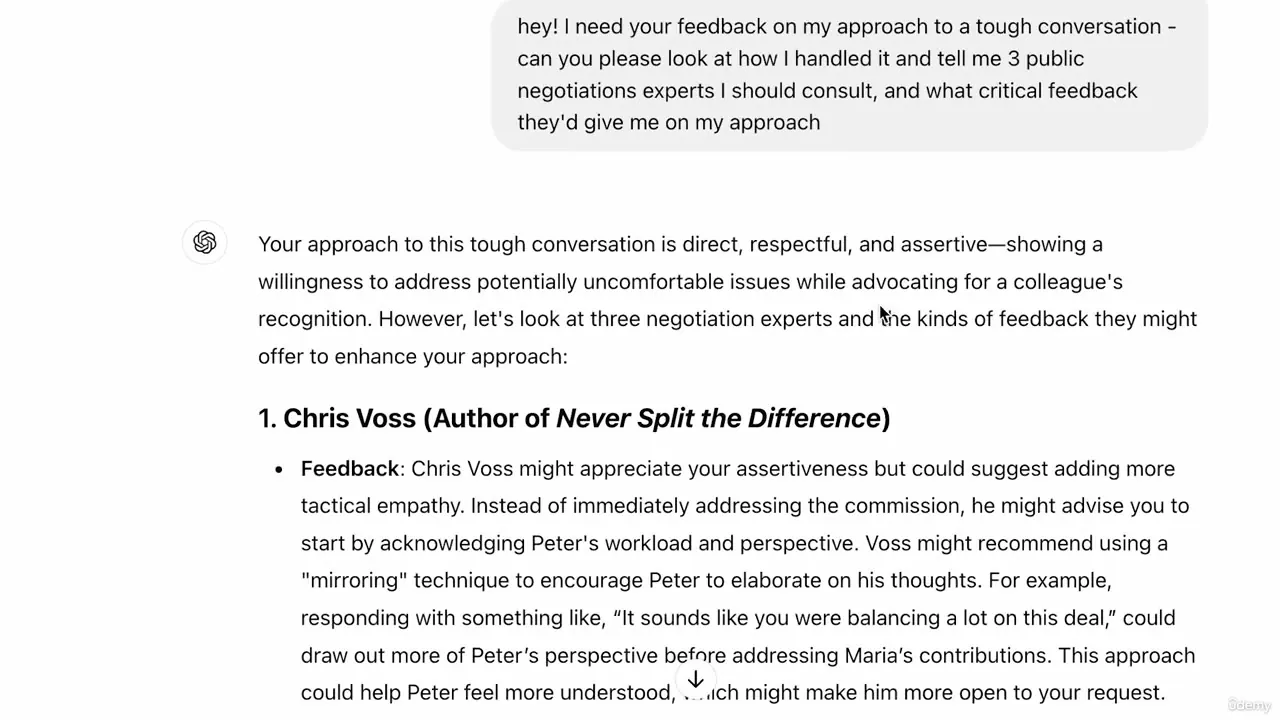 Chat interface showing a user prompt and an AI response analyzing a workplace negotiation approach with expert feedback.