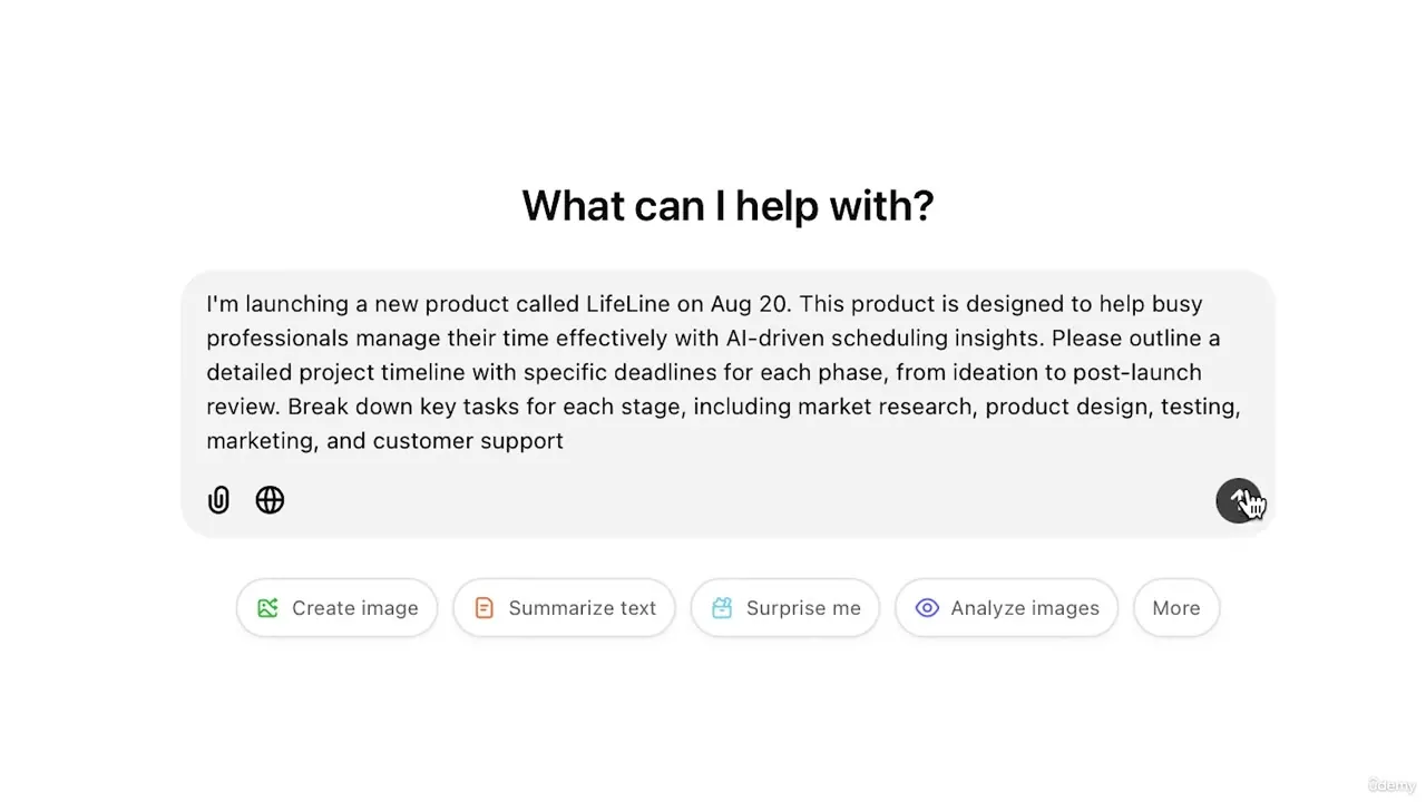 Interface screenshot showing a prompt for a product launch timeline and a row of action buttons including Create image.