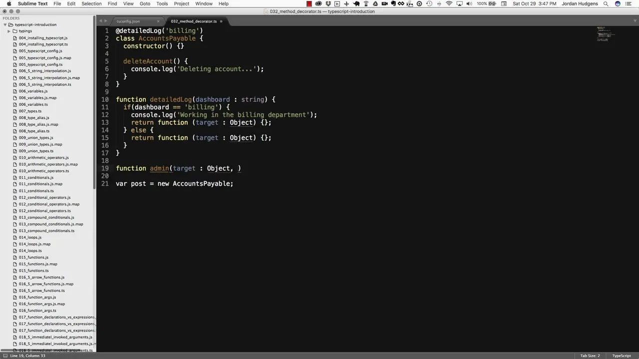 A code editor window showing a TypeScript file with syntax highlighting, a file explorer sidebar, and a dark theme.