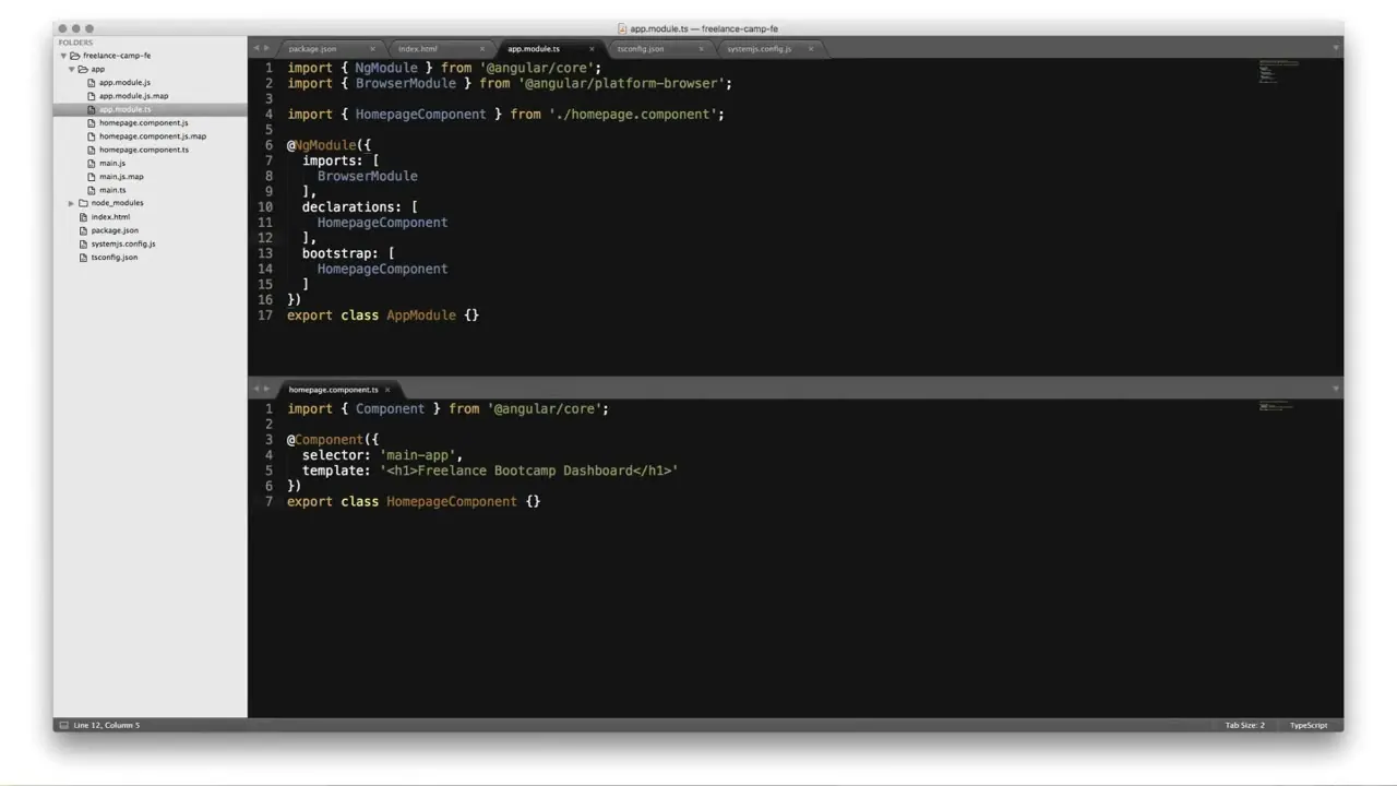 Code editor showing TypeScript files for an Angular app, including app.module.ts and homepage.component.ts with syntax highlighting.