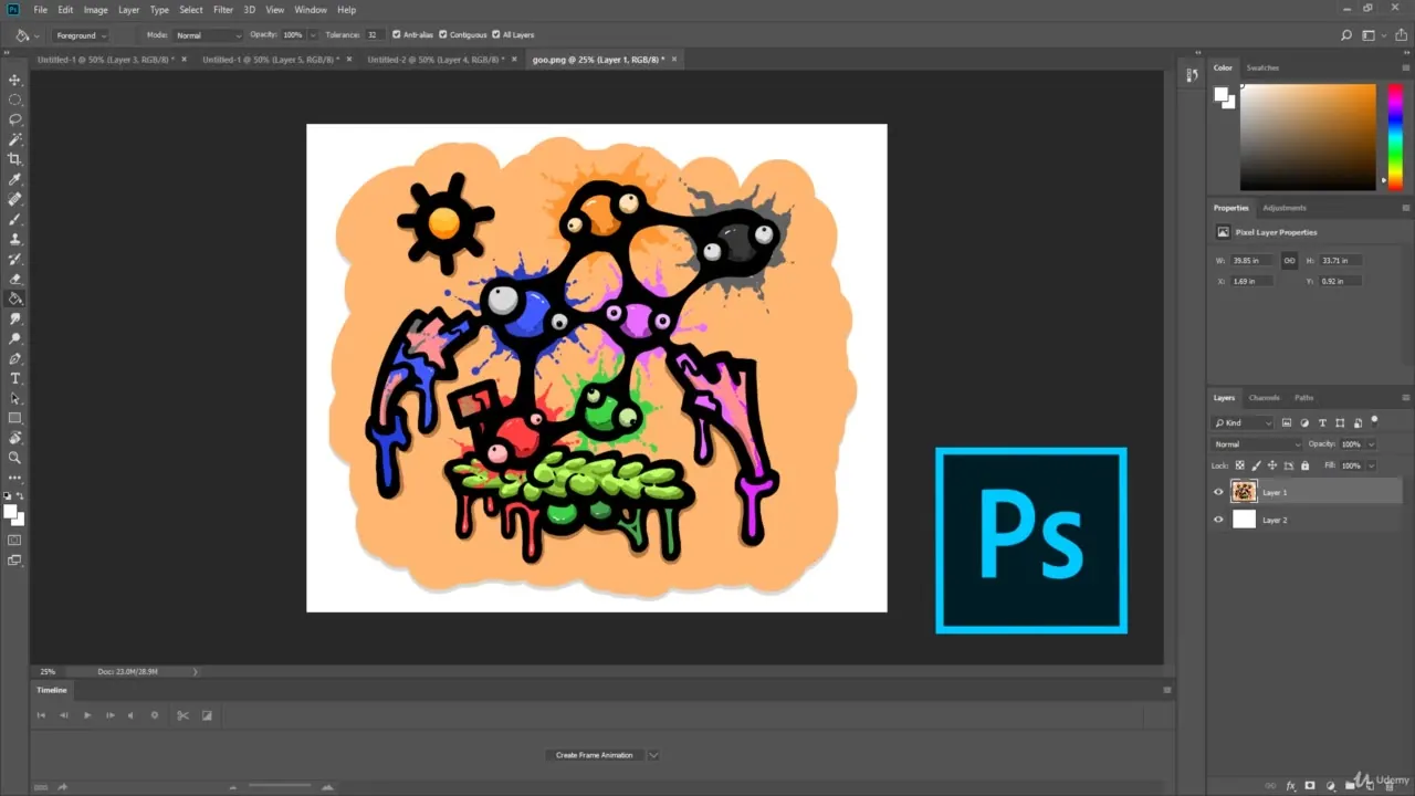 Adobe Photoshop interface showing a colorful cartoon character illustration and the blue Ps logo on a dark workspace.