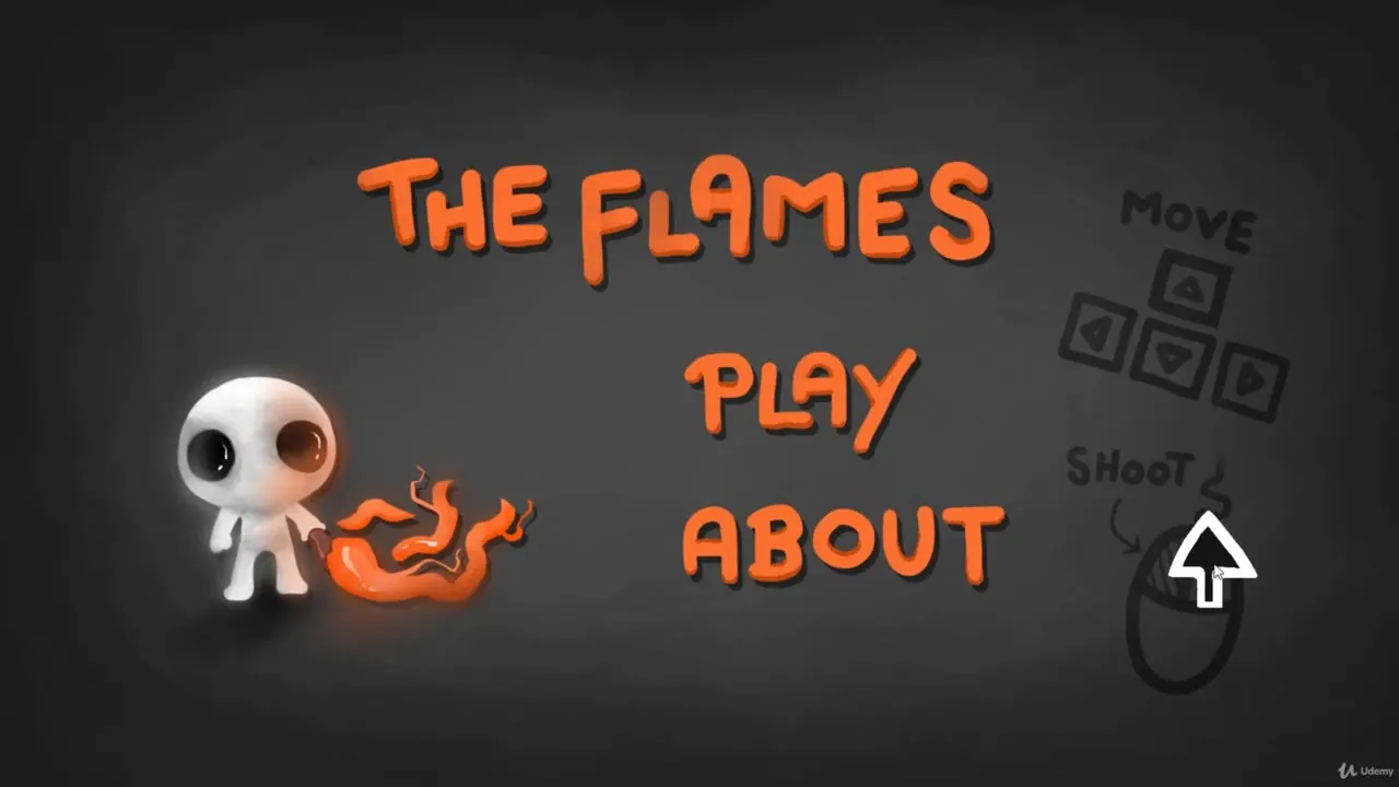 Dark grey game menu showing orange text reading THE FLAMES, PLAY, and ABOUT, with a white alien character emitting a flame.