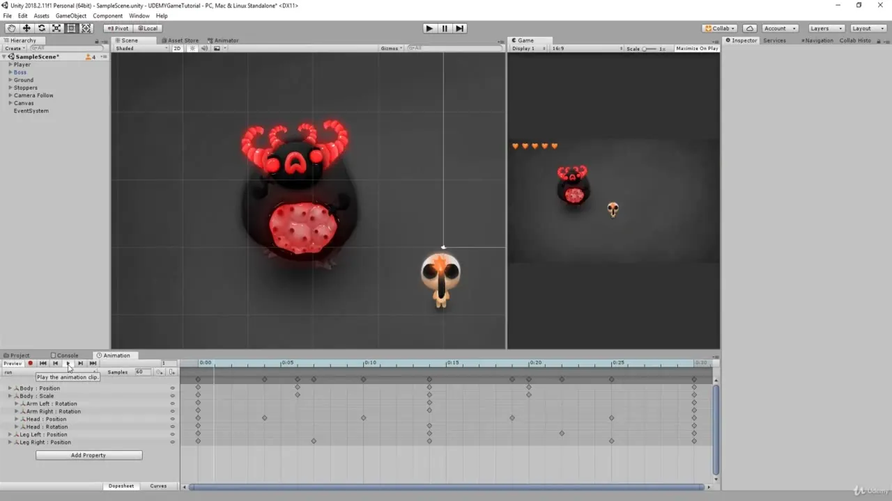 Unity Editor interface showing a 2D game scene with a red horned monster, a skull character, and an animation timeline.