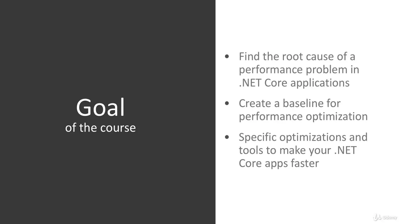Slide titled Goal of the course listing three bullet points about finding root causes, baselines, and.