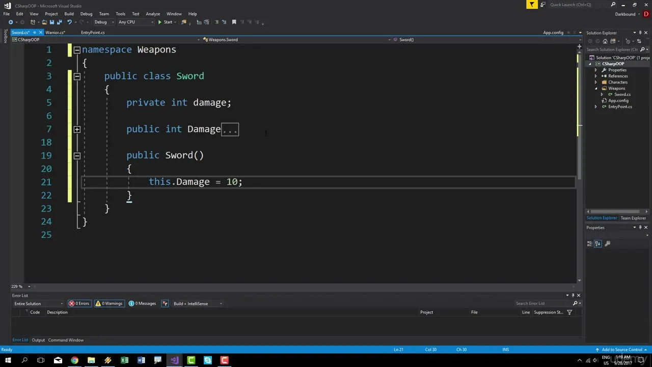 Dark-themed Visual Studio IDE showing C# code for a Sword class with a constructor and property definitions.