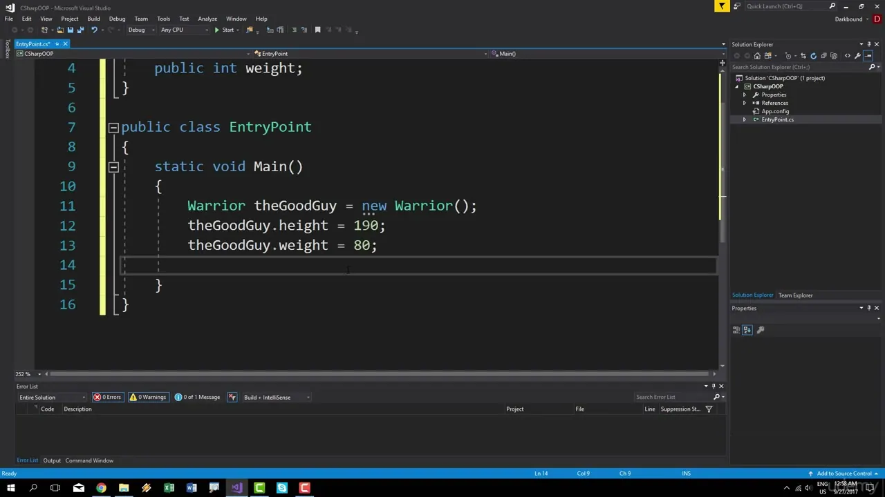 Microsoft Visual Studio IDE displaying C# code where a Warrior object is instantiated and its properties are set.