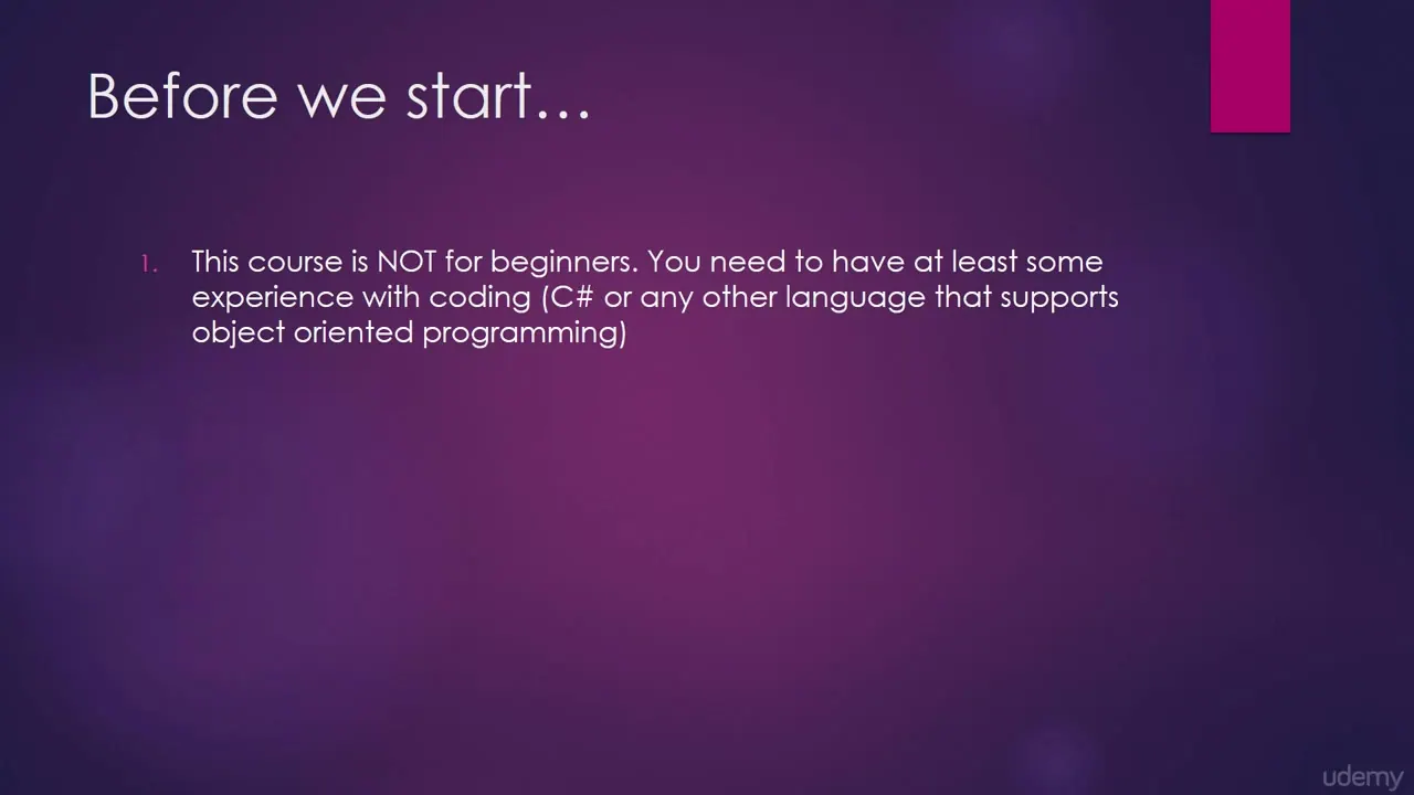 Purple slide titled Before we start... stating the course is not for beginners and requires coding experience
