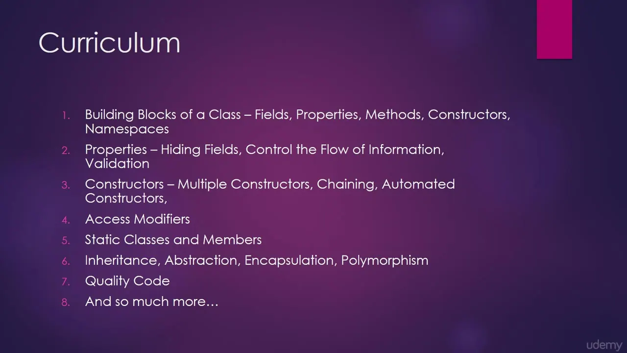 Purple slide titled Curriculum listing eight numbered topics including class building blocks, properties, and OOP pillars.