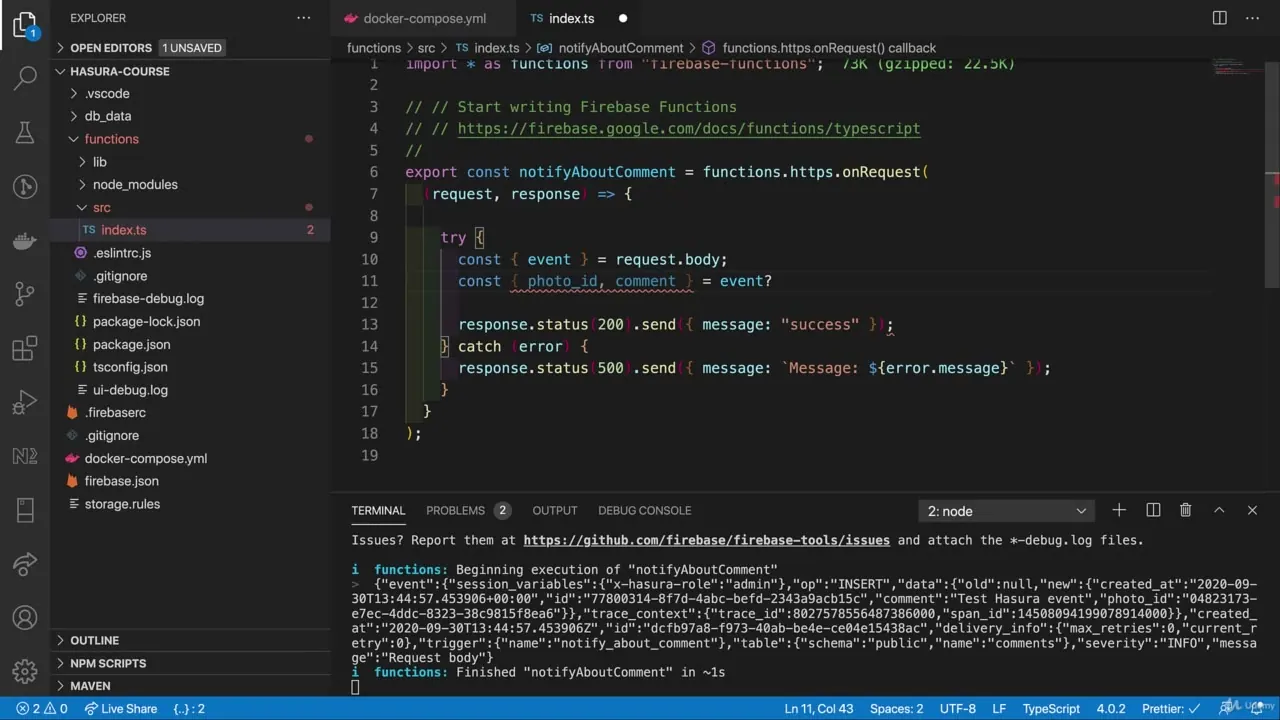 Code editor showing TypeScript for a Firebase function with a terminal window displaying execution logs.