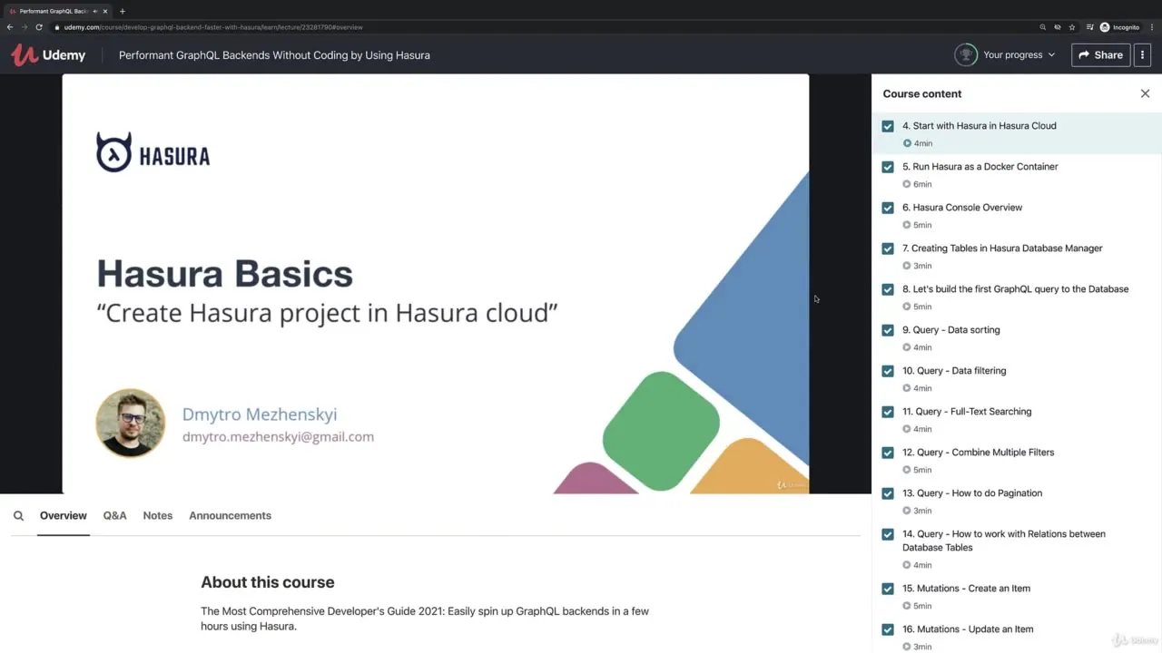 Course overview page showing the Hasura Basics lesson title, instructor profile, and a detailed list of curriculum topics.