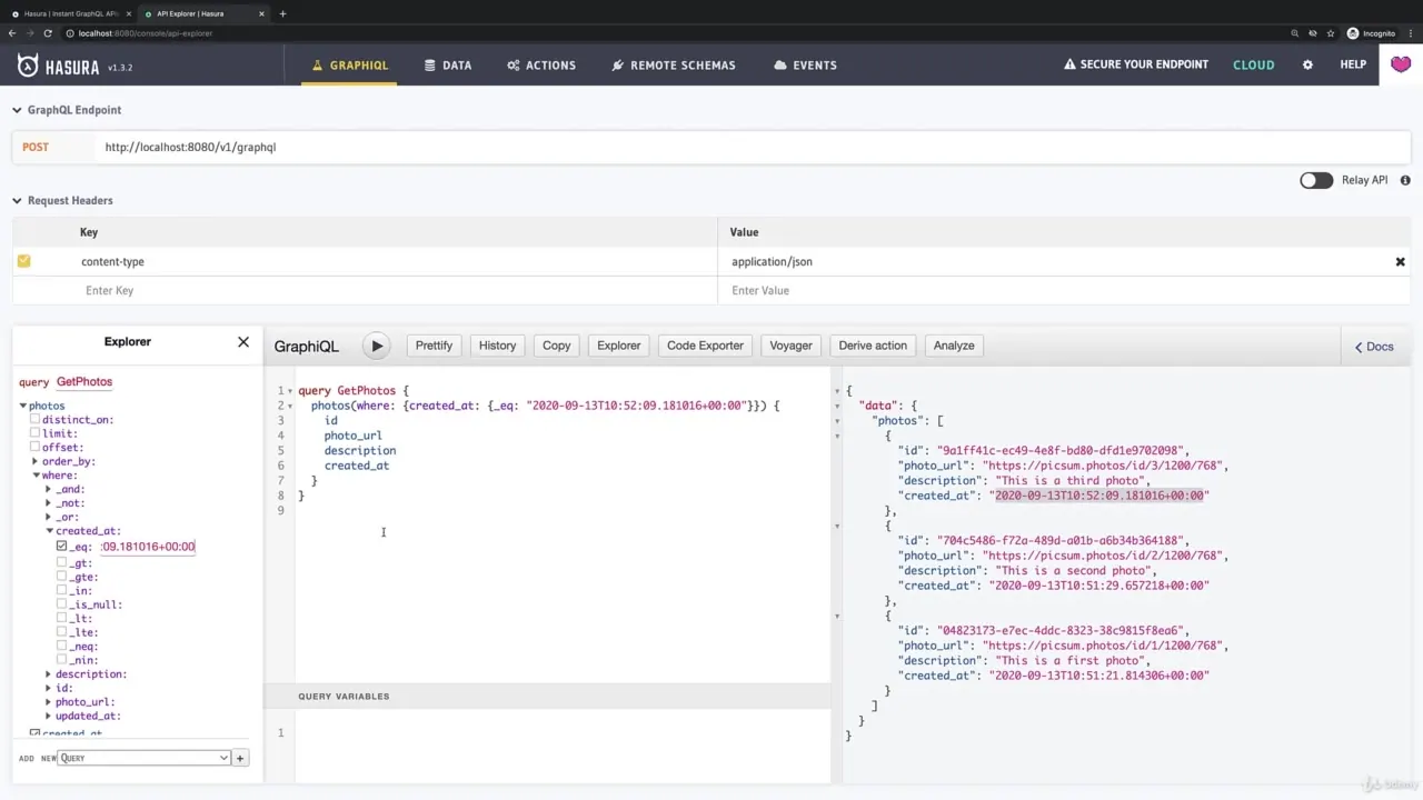 Hasura GraphQL interface showing a query editor, request headers, and a JSON response panel with photo data.