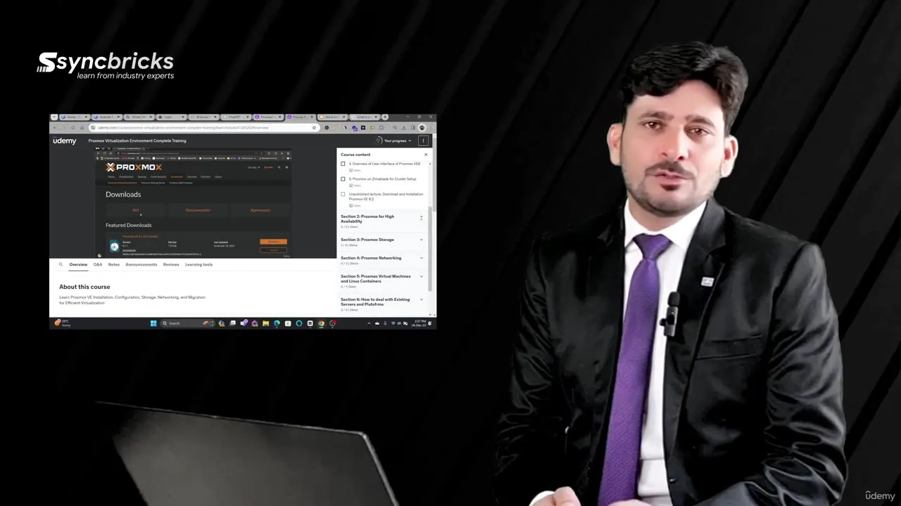 A man in a suit stands beside a laptop, with a screen overlay showing a Proxmox VE course curriculum and interface.