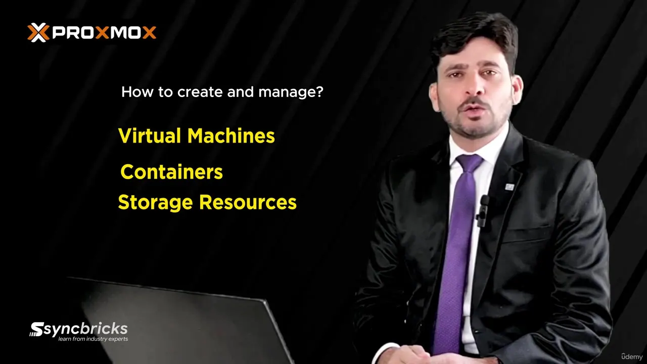 A man in a suit stands beside a laptop with text listing virtual machines, containers, and storage resources.