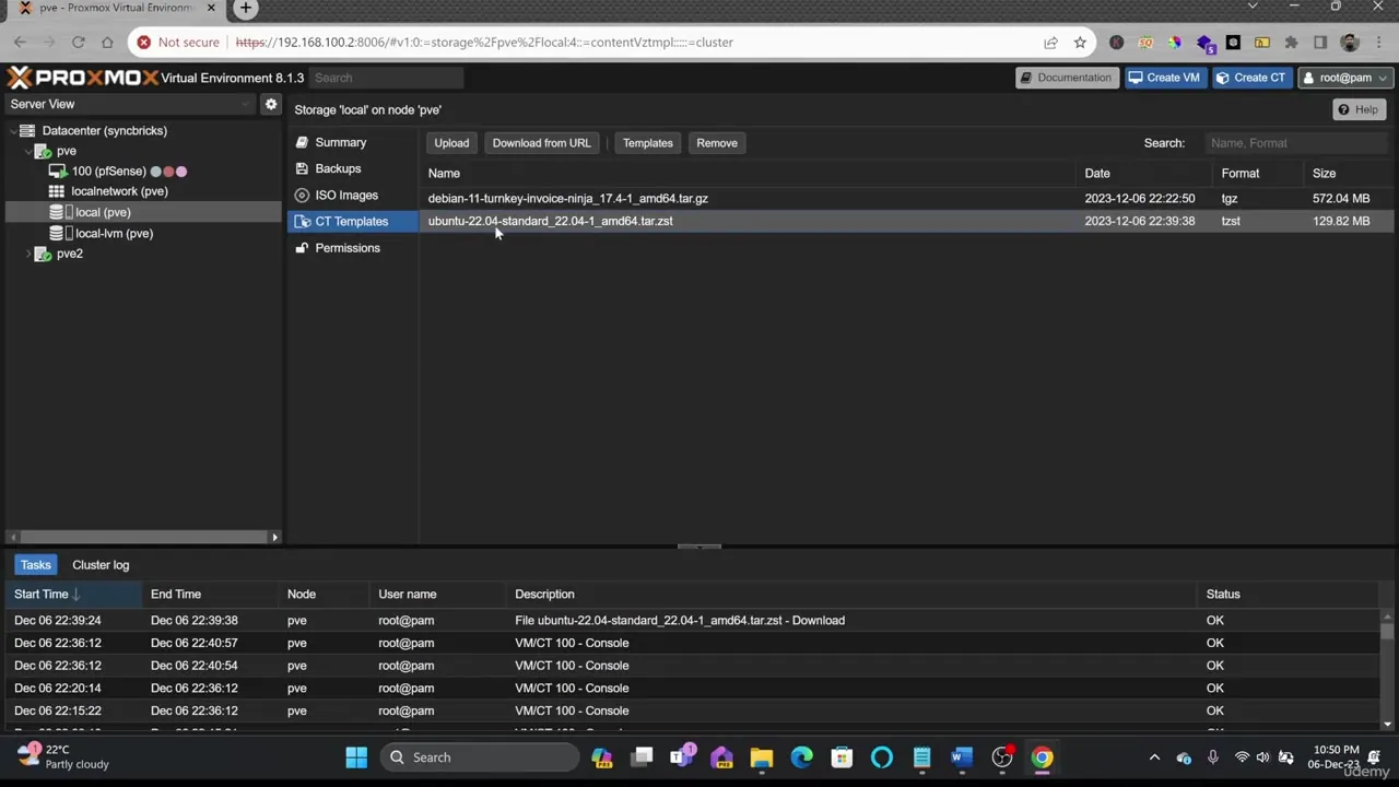 Proxmox VE web interface showing the CT Templates storage view on node pve, listing Debian and Ubuntu template files.