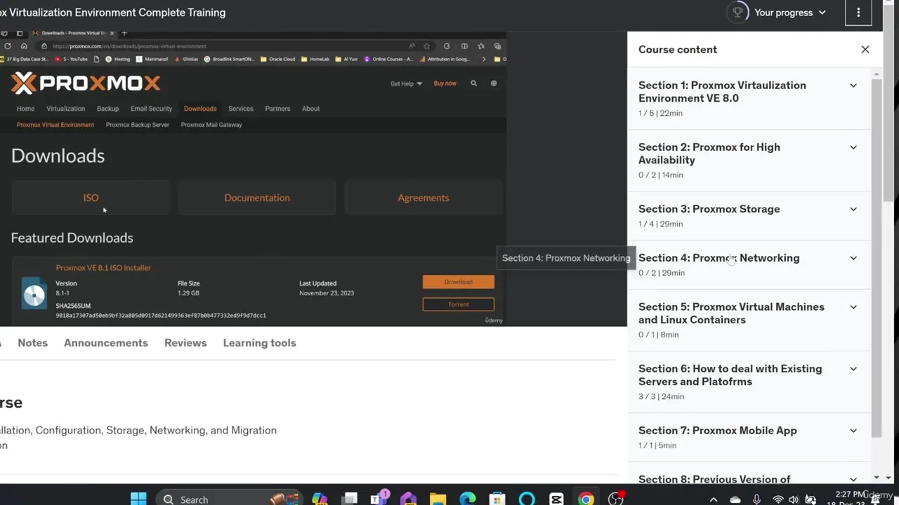Split-screen view showing the Proxmox VE download page on the left and a course content sidebar listing sections on the right.