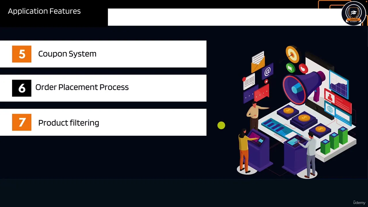 Dark slide titled Application Features listing items 5, 6, and 7 with an isometric illustration of people using digital dashboards.