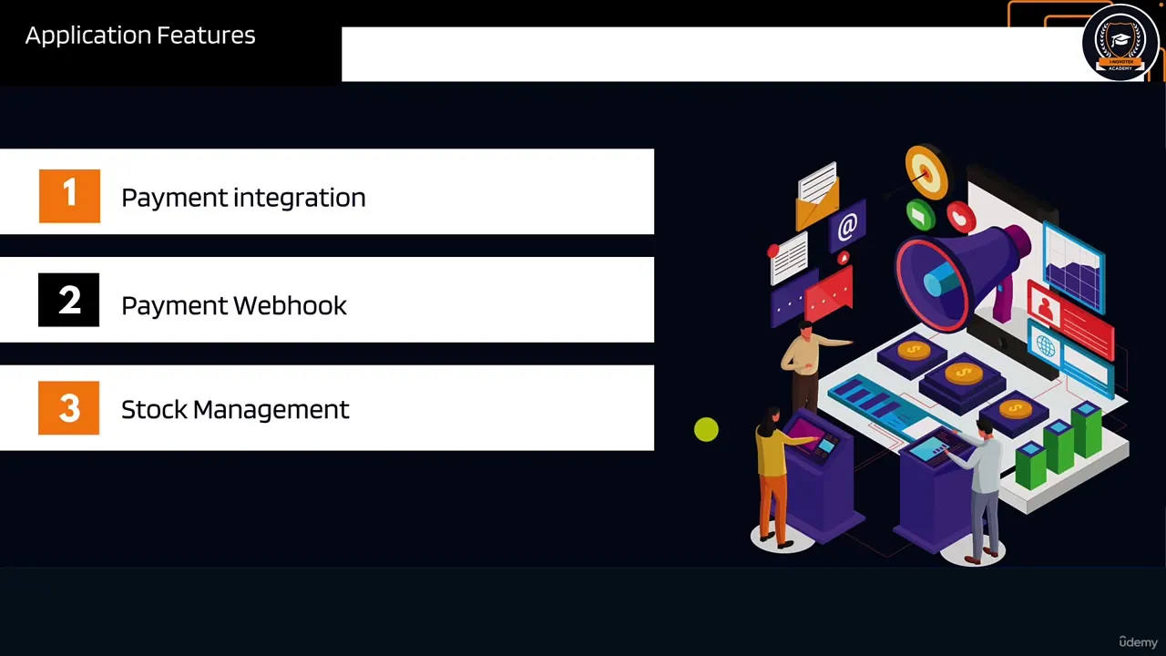 Dark slide titled Application Features lists Payment integration, Payment Webhook, and Stock Management with an isometric illustration.